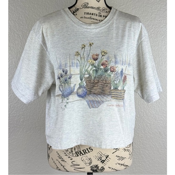 Northern Reflextion Vintage 90s Y2K Grey Floral Graphic Cropped Tee, size Medium - Picture 2 of 11